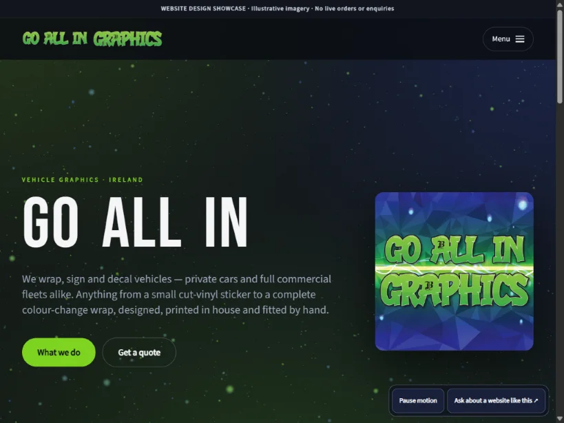 Go All In Graphics website, with its vivid lime identity and vehicle graphics