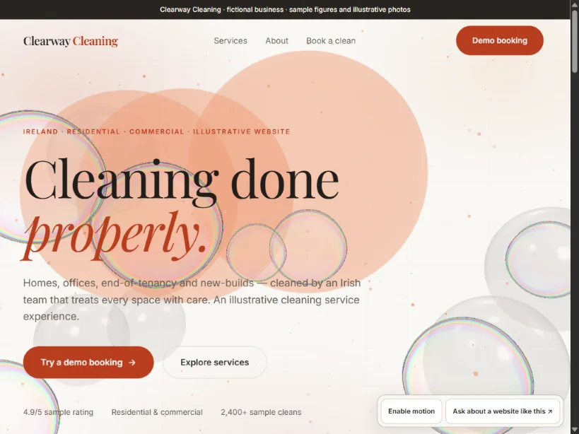 Clearway Cleaning demonstration, with its original glowing bubble background